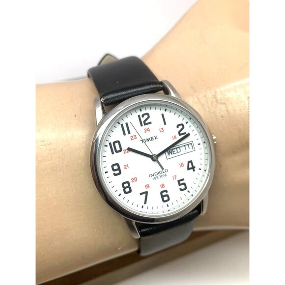 Timex Mens Watch T2N091 Indiglo White Dial Quartz Silver Case Black Leather Band - Picture 11 of 14